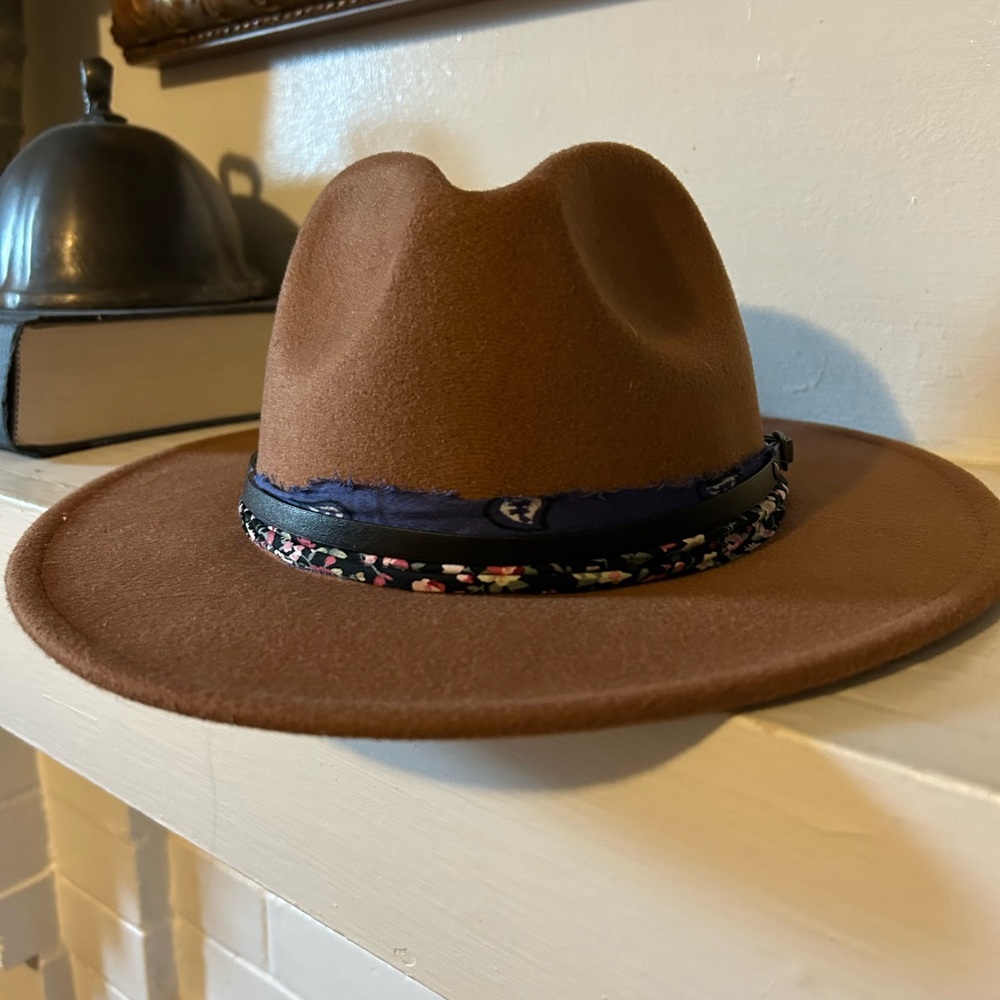 Brown Fedora Hat with Floral Band and Bandana